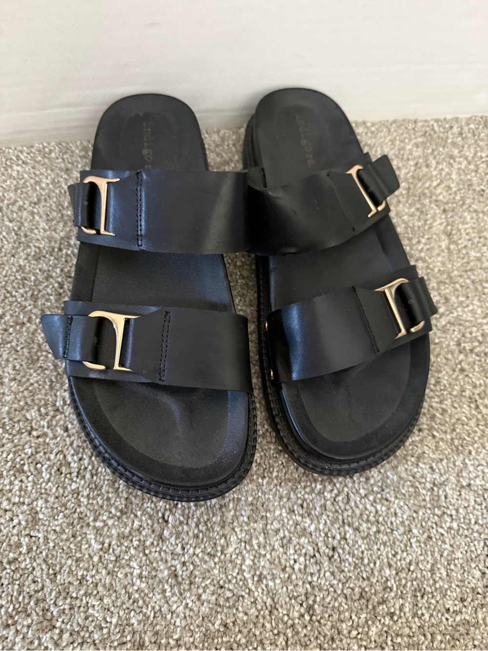 Indigo Black Leather Double-Strap Sandals with Gold Buckles